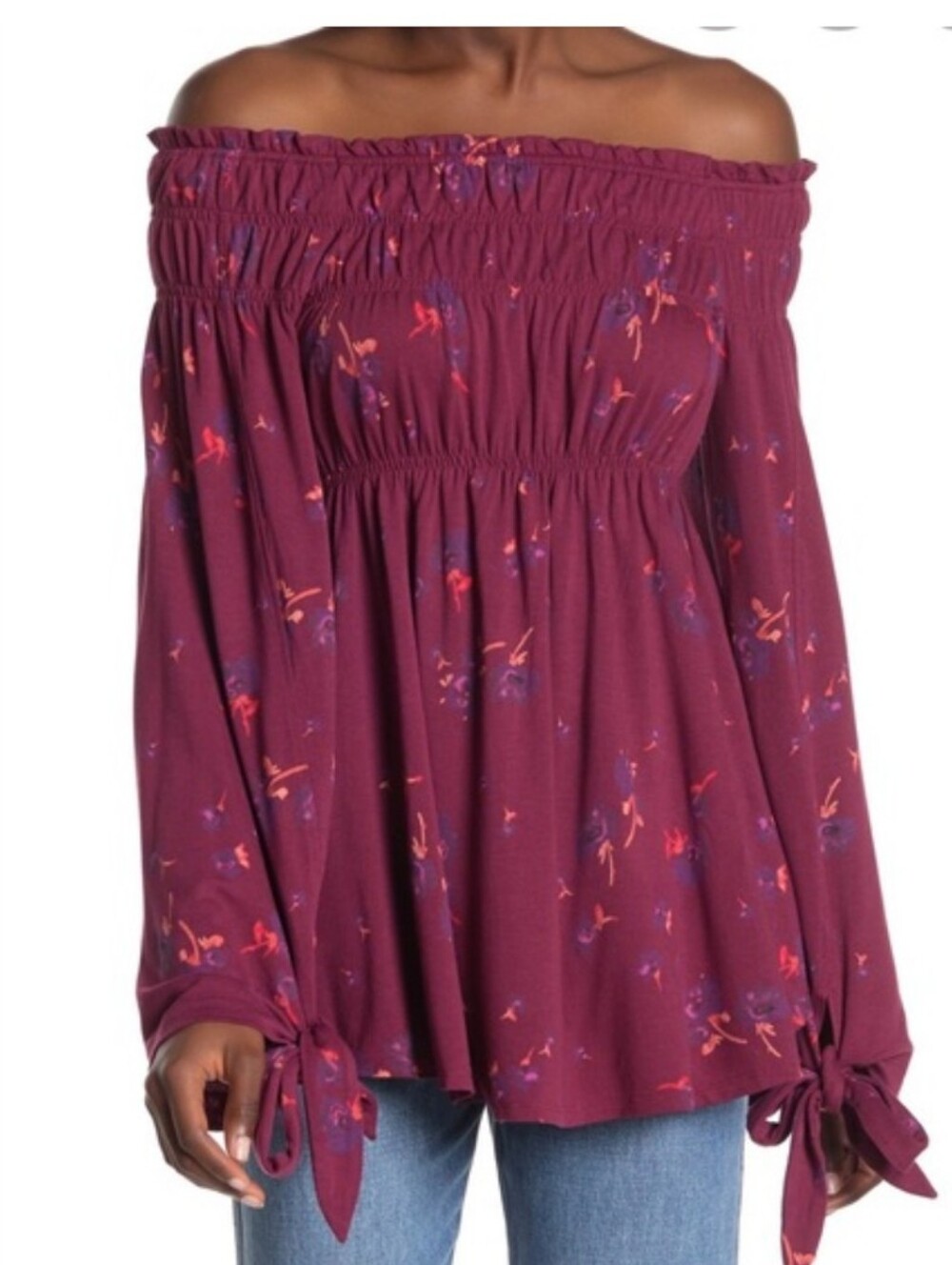 Women's Free People  Bounjour Tunic Purple Fuschia Smocked Off Shoulder Medium
